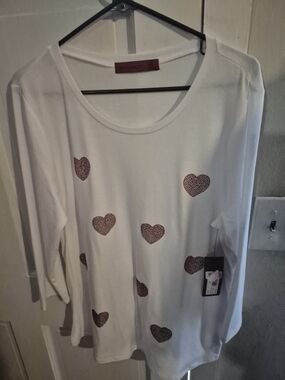 Women’s White Long Sleeve Tunic with Red Heart Print